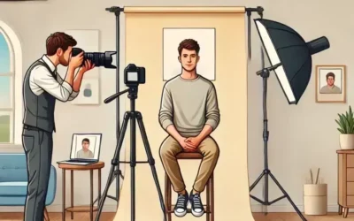 Photographe prend photo d'un homme assis en studio.
