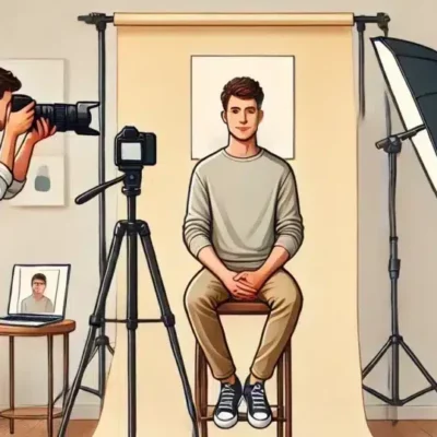 Photographe prend photo d'un homme assis en studio.