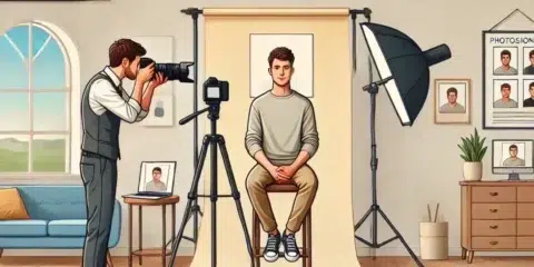 Photographe prend photo d'un homme assis en studio.