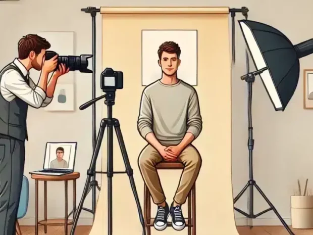 Photographe prend photo d'un homme assis en studio.