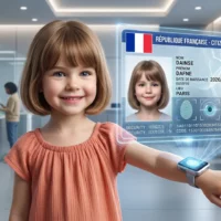Enfant montrant une pièce d'identité française holographique futuriste.