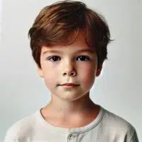 Enfant aux cheveux bruns et regard doux.