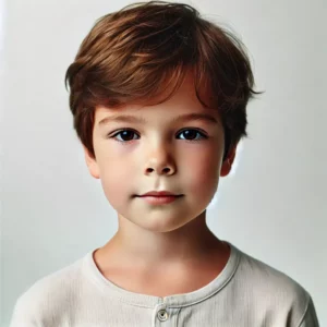 Enfant aux cheveux bruns et regard doux.