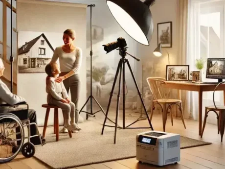 Séance photo familiale dans un salon lumineux.