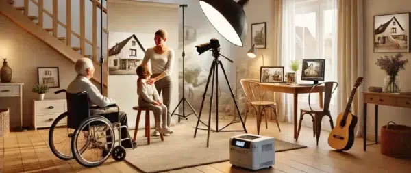 Photographe avec modèle enfant dans salon confortable.