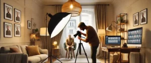 Photographe travaillant dans un studio professionnel lumineux.