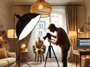 Photographe travaillant dans un studio professionnel lumineux.