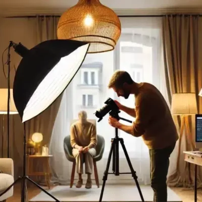Photographe travaillant dans un studio professionnel lumineux.