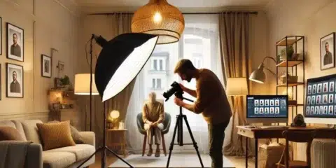 Photographe travaillant dans un studio professionnel lumineux.