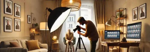 Photographe travaillant dans un studio professionnel lumineux.