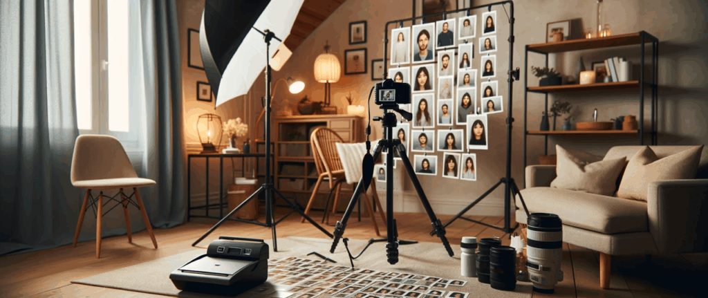 Studio photo avec portraits et équipement photographique.