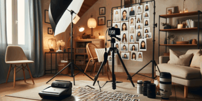 Studio photo avec portraits et équipement photographique.