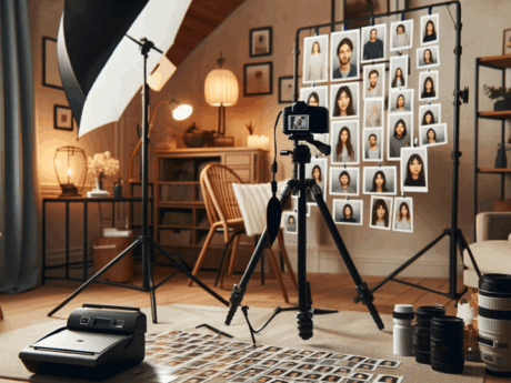 Studio photo avec portraits et équipement photographique.
