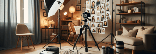 Studio photo avec portraits et équipement photographique.