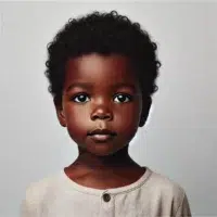 Enfant avec cheveux bouclés et visage sérieux.