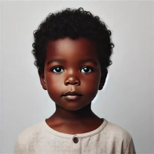 Enfant avec cheveux bouclés et visage sérieux.