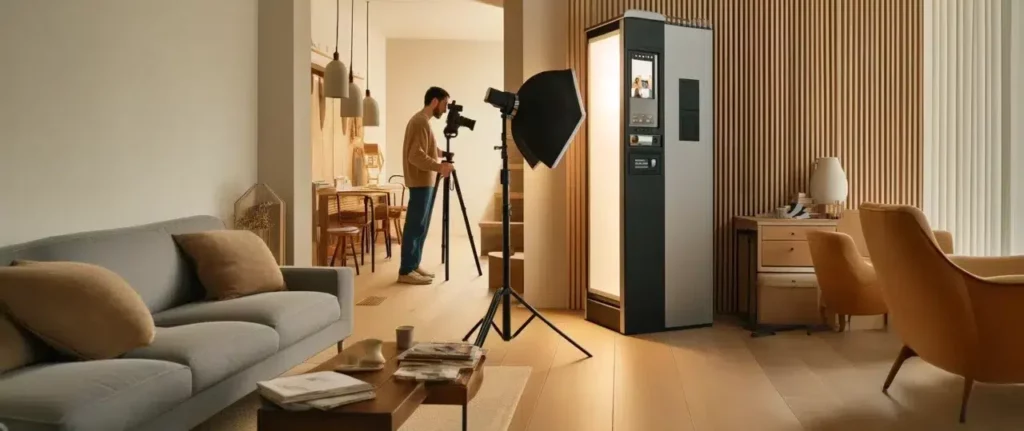 Photographe travaille dans un salon moderne et lumineux.