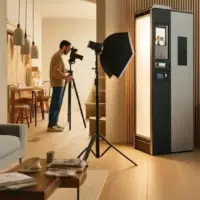 Photographe travaille dans un salon moderne et lumineux.