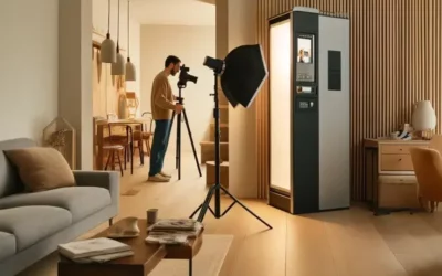 Photographe travaille dans un salon moderne et lumineux.