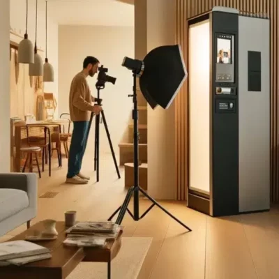 Photographe travaille dans un salon moderne et lumineux.