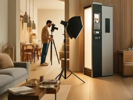 Photographe travaille dans un salon moderne et lumineux.