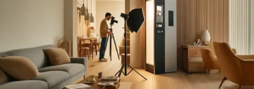 Photographe travaille dans un salon moderne et lumineux.