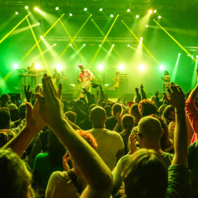 Concert animé avec foule enthousiaste sous lumières vertes.