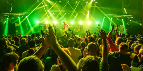 Concert animé avec foule enthousiaste sous lumières vertes.