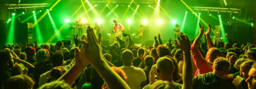 Concert animé avec foule enthousiaste sous lumières vertes.