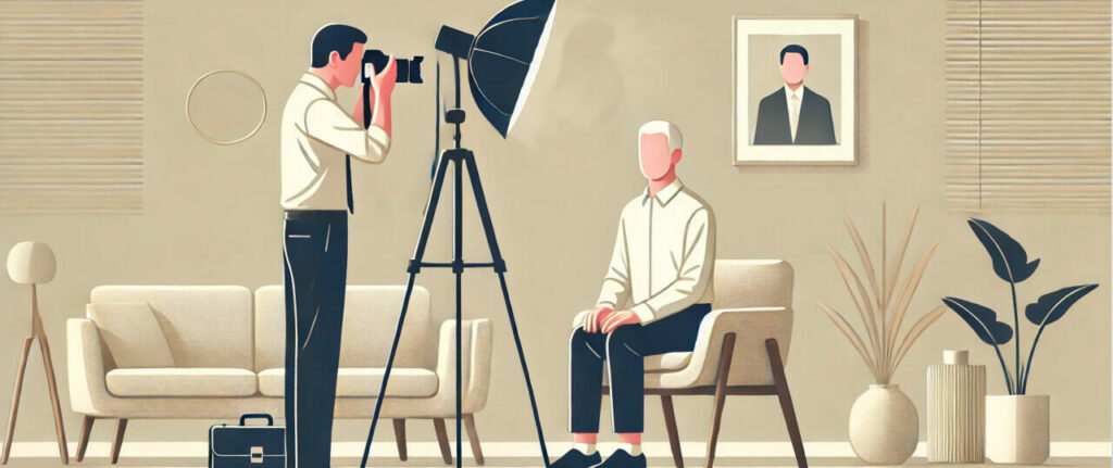 Photographe prend un portrait en studio.