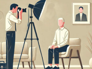 Photographe prend un portrait en studio.