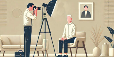 Photographe prend un portrait en studio.