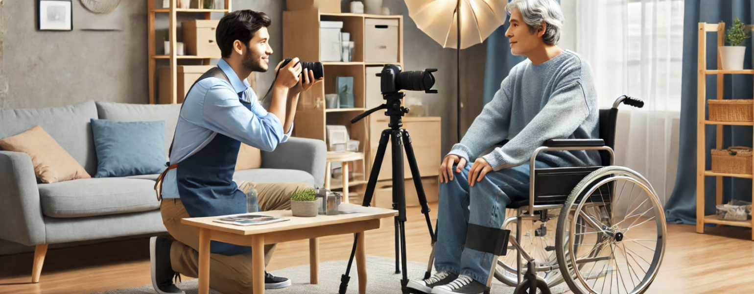 Photographe capturant un homme assis en fauteuil roulant.