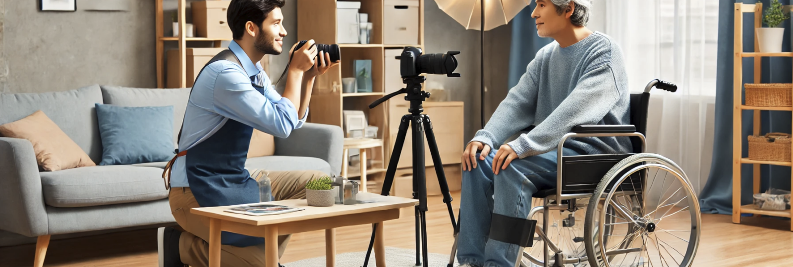 Photographe prenant une photo d'homme en fauteuil roulant.