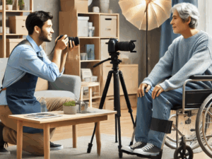 Photographe capturant un homme assis en fauteuil roulant.