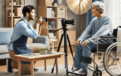 Photographe capturant un homme assis en fauteuil roulant.