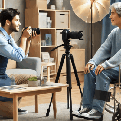 Photographe capturant un homme assis en fauteuil roulant.
