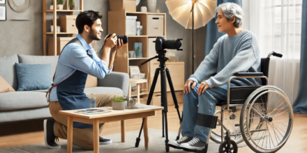 Photographe capturant un homme assis en fauteuil roulant.