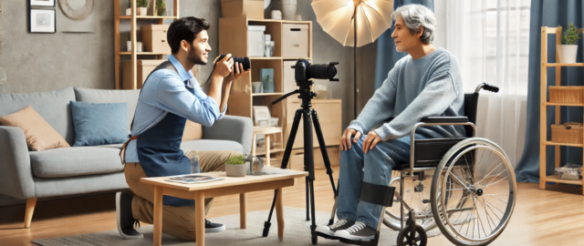 Photographe prenant une photo d'homme en fauteuil roulant.