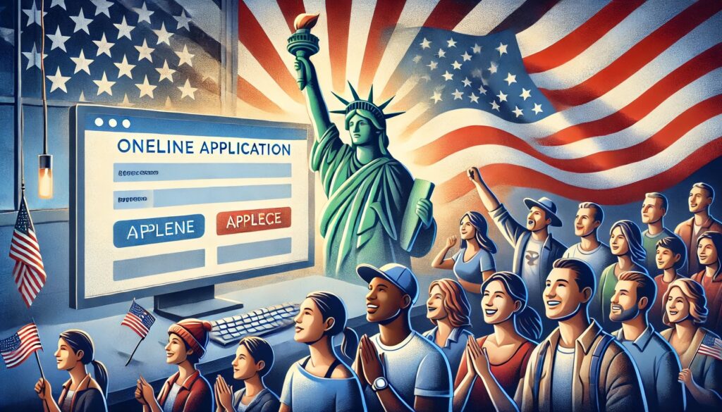 Statue Liberté, personnes heureuses devant écran application.