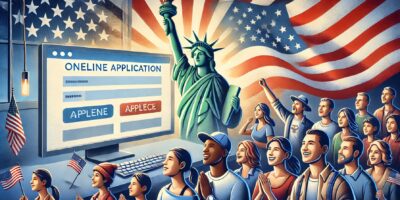 Statue Liberté, personnes heureuses devant écran application.