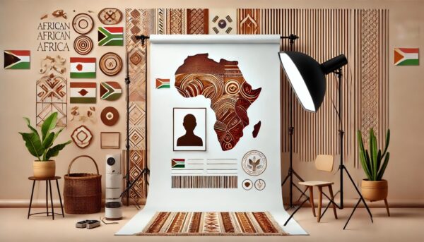 Décor africain avec carte et motifs culturels.