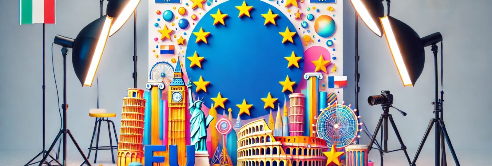 Illustration d'Europe avec monuments et symboles.