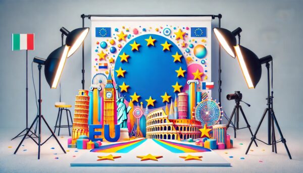 Illustration d'Europe avec monuments et symboles.