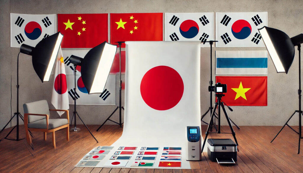 Studio photo avec drapeaux internationaux et équipement.