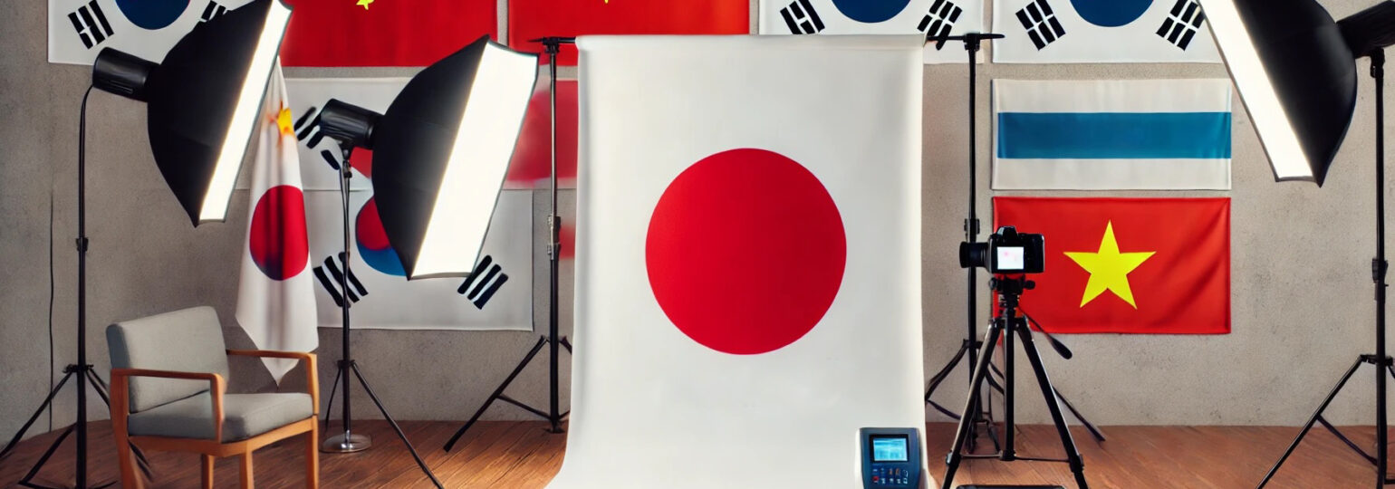 Studio photo avec drapeaux internationaux et équipement.