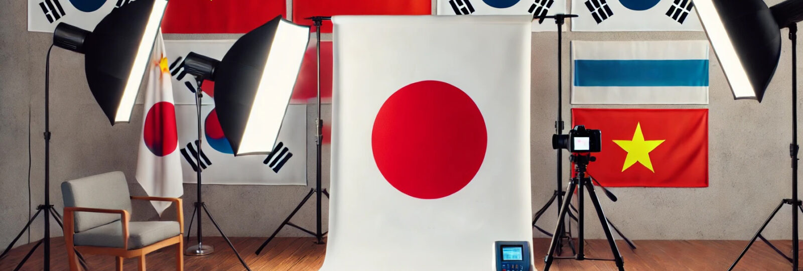 Studio photo avec drapeaux asiatiques en arrière-plan.