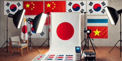 Studio photo avec drapeaux internationaux et équipement.