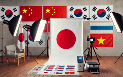 Studio photo avec drapeaux internationaux et équipement.