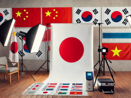 Studio photo avec drapeaux internationaux et équipement.